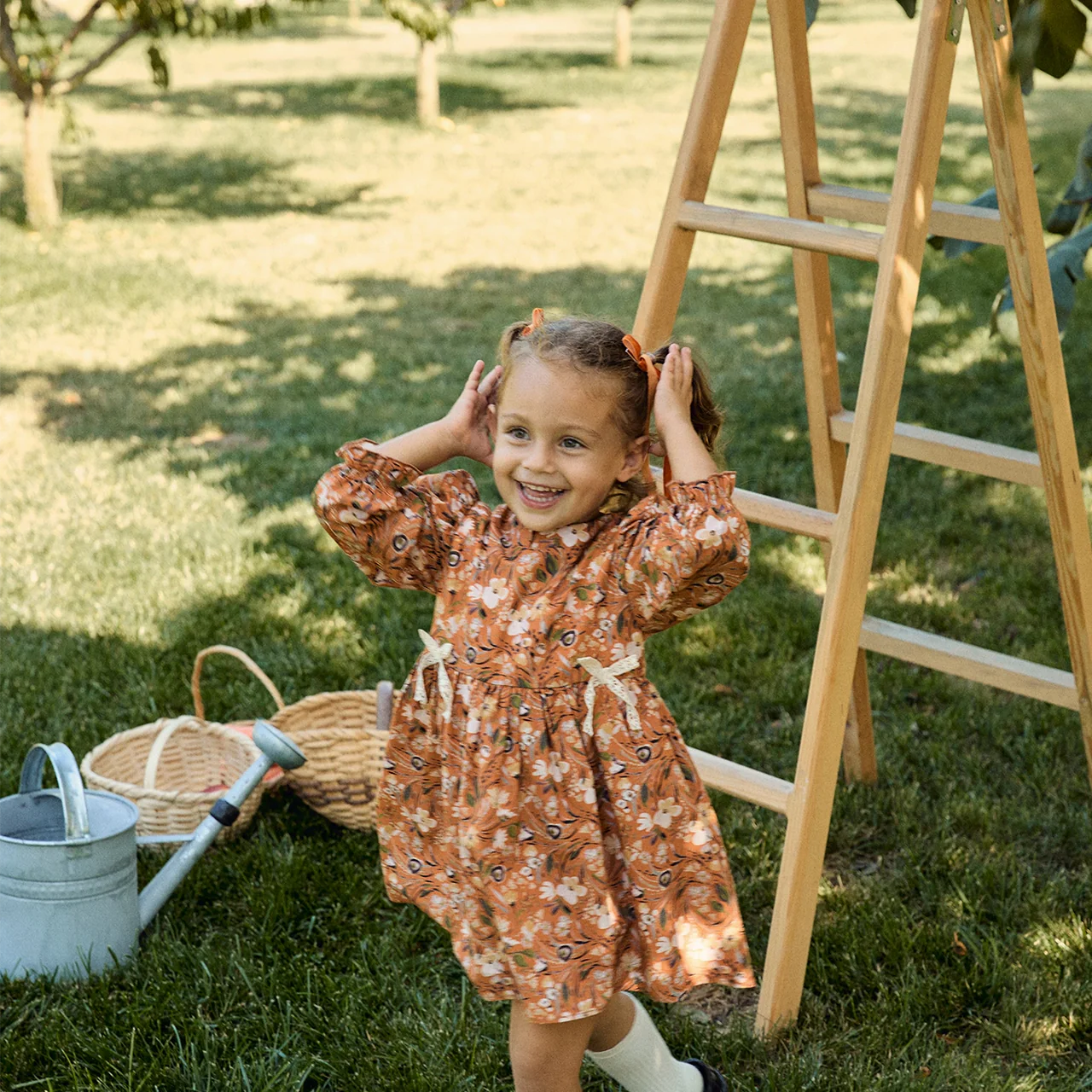 Oranje Katoenen Jurk met Bloemenprint en Strikdetail