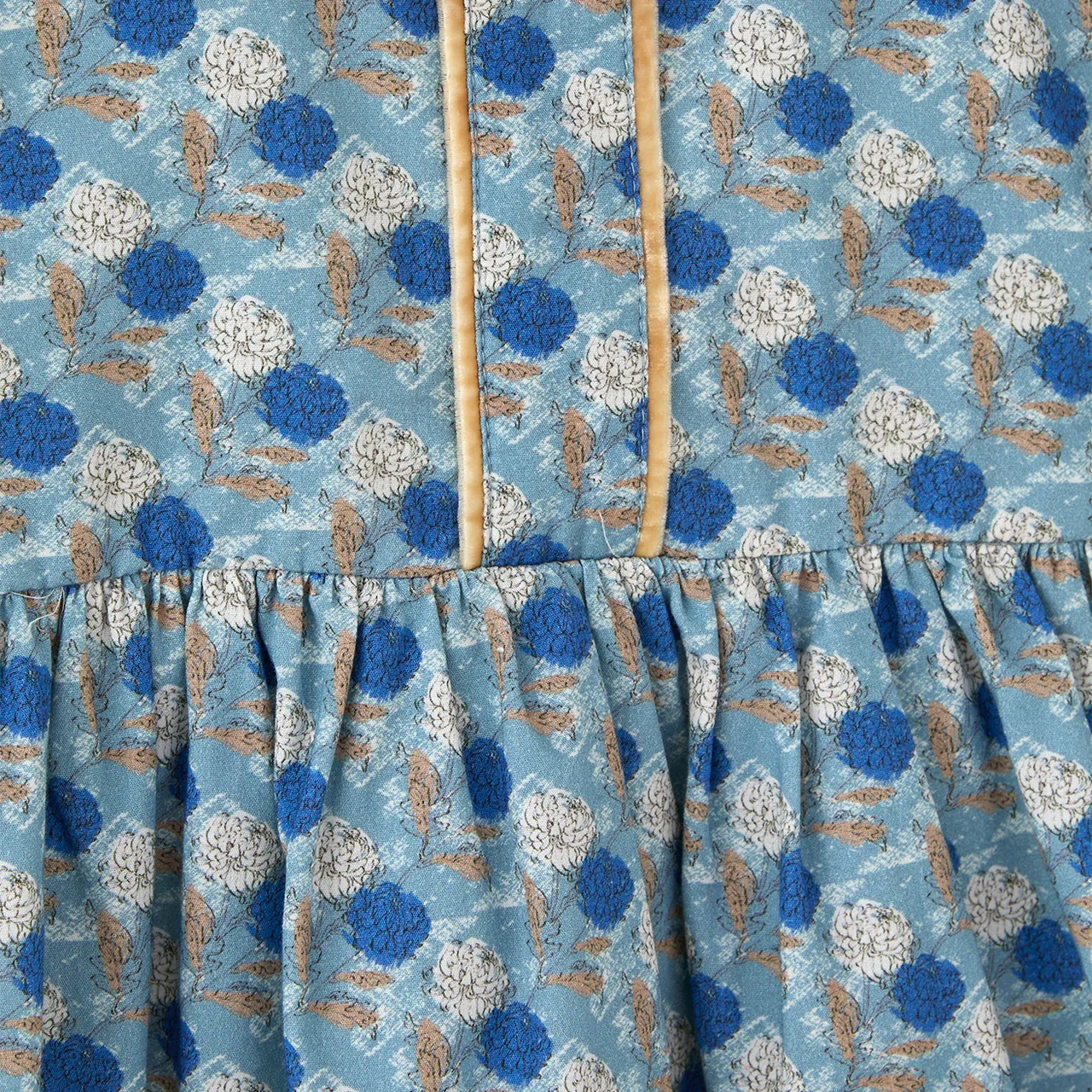 Blauwe Katoenen Jurk met Bloemenprint en Fluwelen Bies