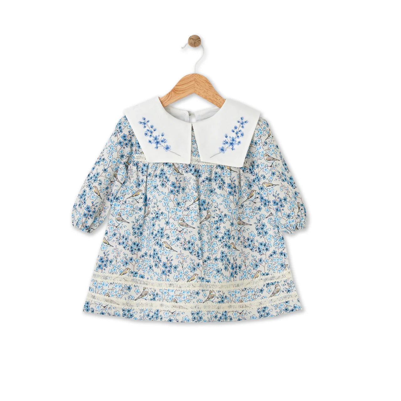 Blauwe Jurk met Lange Mouwen en Elegante Borduursels