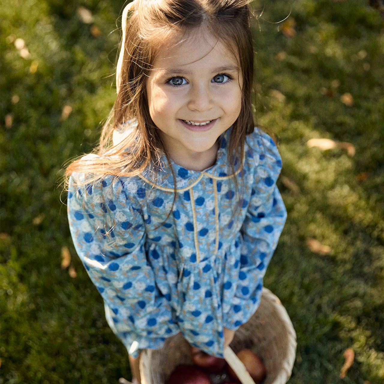 Blauwe Katoenen Jurk met Bloemenprint en Fluwelen Bies