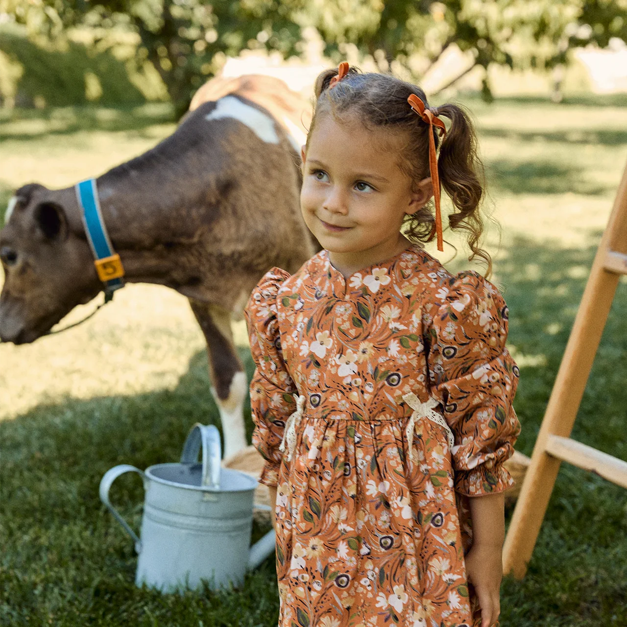 Oranje Katoenen Jurk met Bloemenprint en Strikdetail